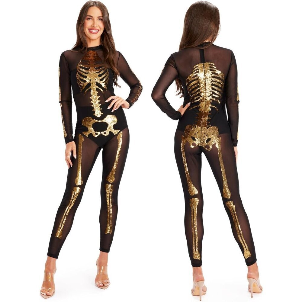 Women's Gold Sequin Mesh Form Fitting Bodysuits Halloween Sexy Skeleton Costume